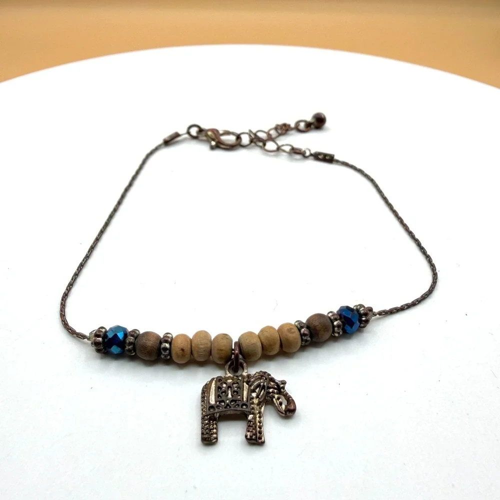 Elephant Charm Bracelet Wood Beads Blue Crystal Boho Bronze Tone Adjustable